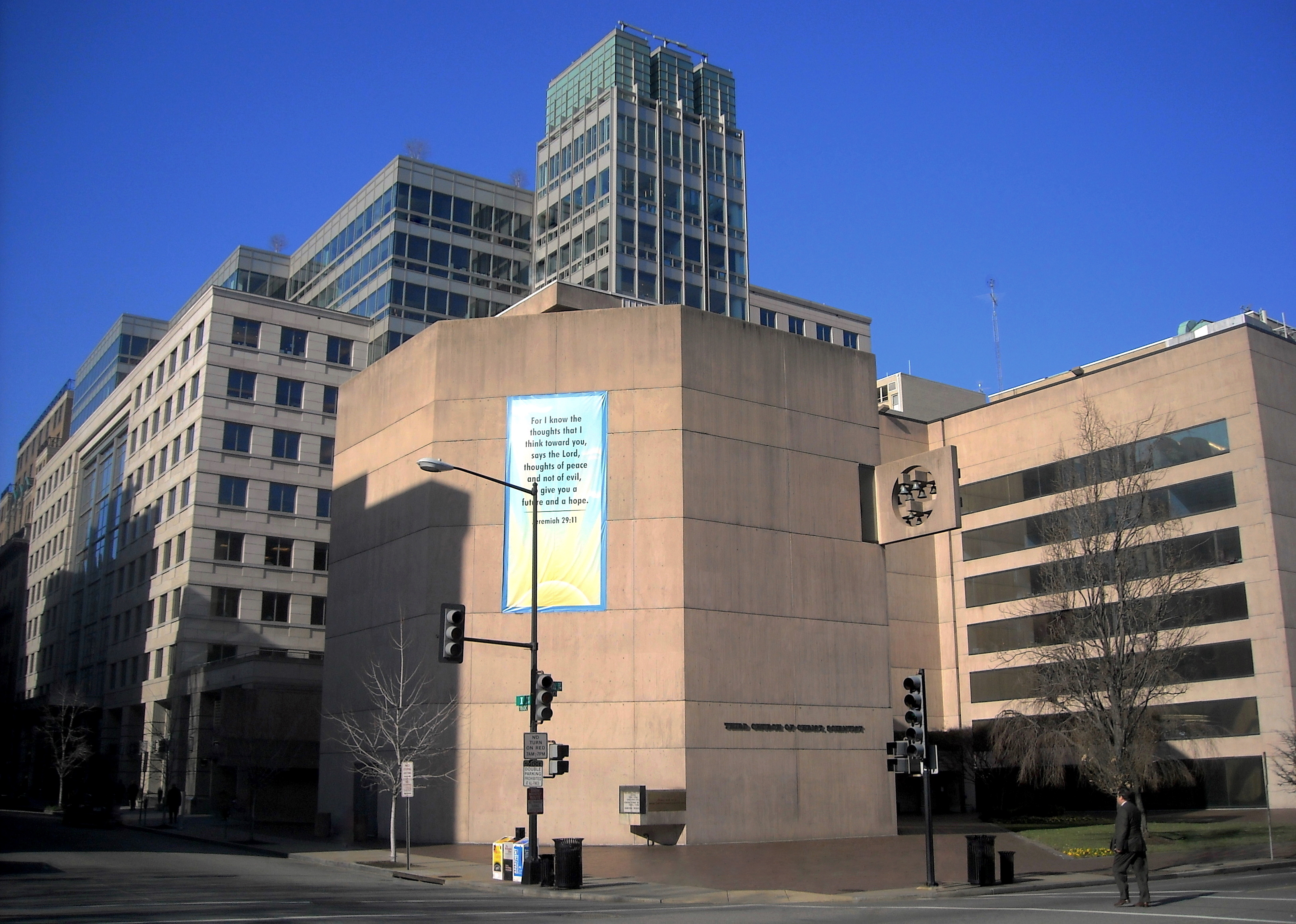 Exterior of the Third Church of Christ, Scientist. Shows a brutalist concrete building