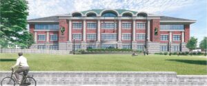 An artist's rendering of Quincy's new public safety building, showing the 10-foot-tall statues of Saint Michael and Saint Florian (Source: Norfolk County Superior Court)