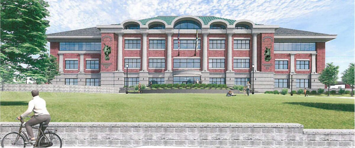 An artist's rendering of Quincy's new public safety building, showing the 10-foot-tall statues of Saint Michael and Saint Florian (Source: Filings in Norfolk County Superior Court)