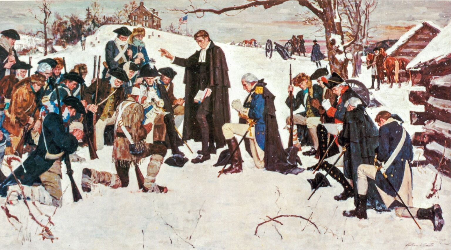 Artwork showing a chaplain praying over troops during the Revolutionary War. George Washington kneels next to the chaplain. The Chaplain at Valley Forge by William A. Smith
