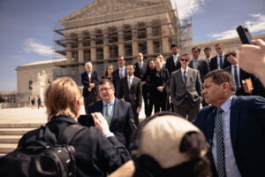 Eric Rassbach and press outside of the Supreme Court (Credit_ BECKET)